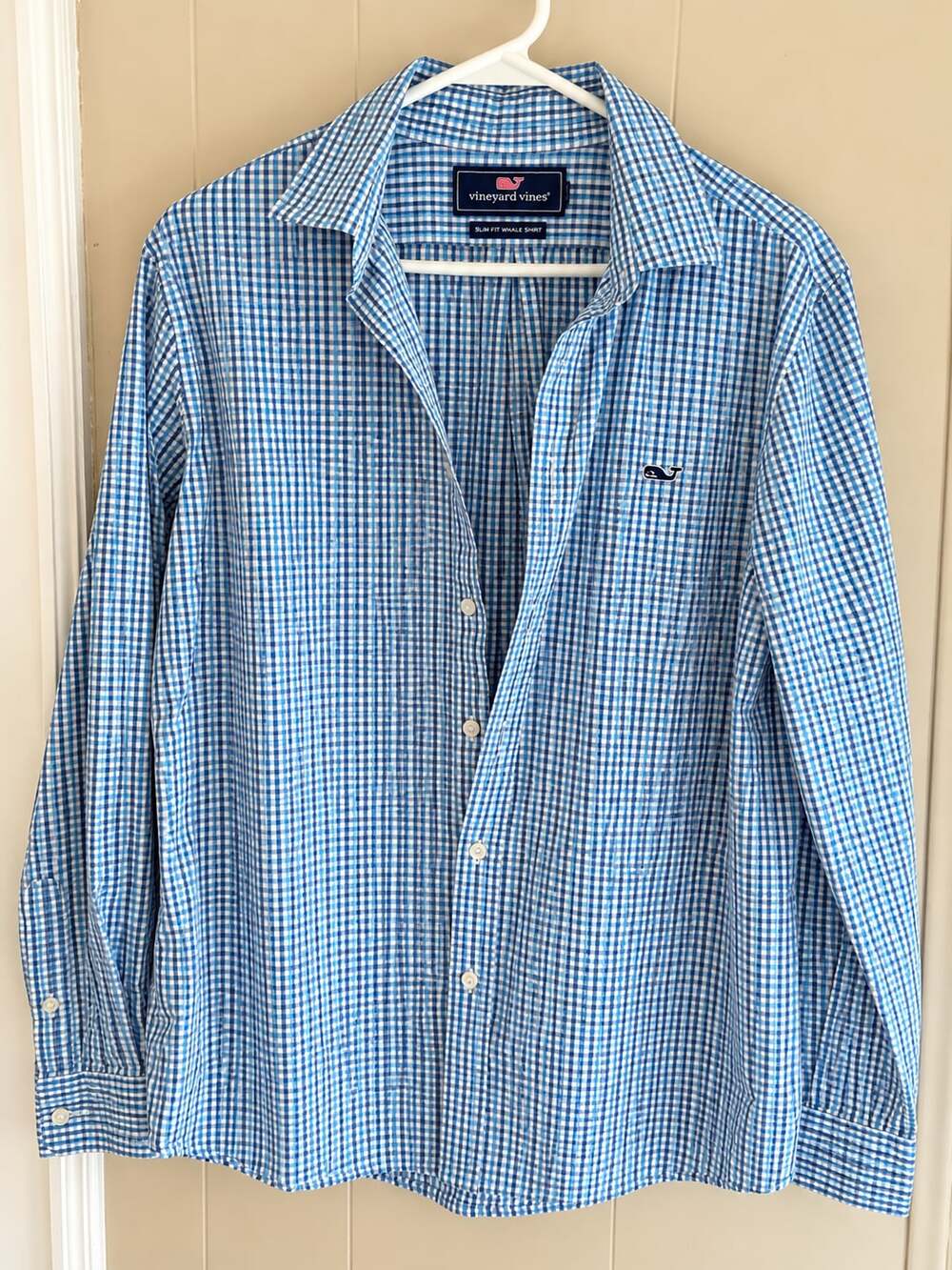 Vineyard Vines Slim Fit Whale Gingham Blue Plaid Button Down Shirt Men's Size L